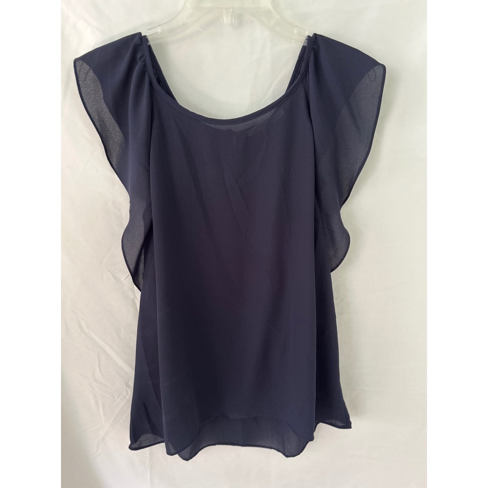 Violet + Claire Navy Blue Flutter Sleeve Chiffon Blouse Large Scoop Neck Keyhole